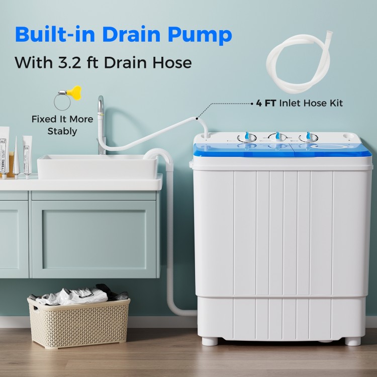Portable washing machine with built-in drain pump and 3.2 ft drain hose, ideal for laundry rooms and apartments.