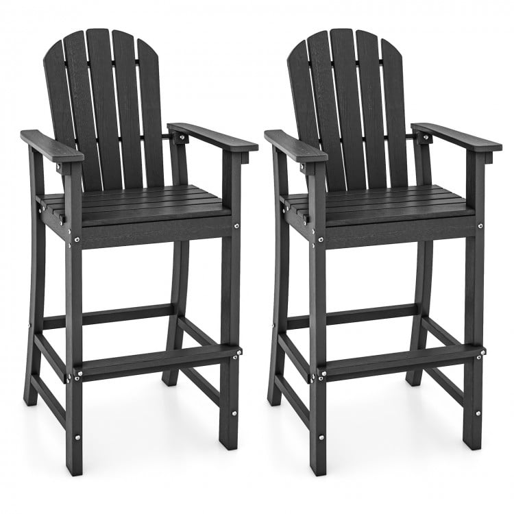 Set of 2 black HDPE outdoor bar stools with armrests, footrest, and slatted design for comfort and durability.