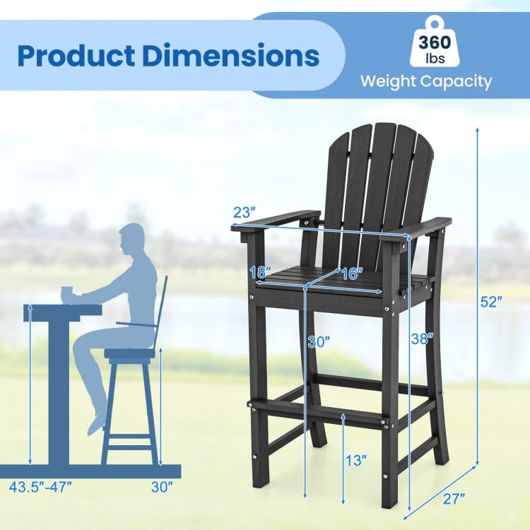 Counter height black HDPE bar stool with armrests, 30" seat height, and 360 lbs weight capacity for outdoor use.