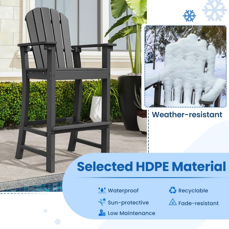 Counter height outdoor HDPE bar stool in black with armrests and footrest, designed for comfort and weather resistance.