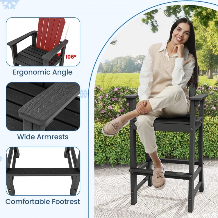 Counter height outdoor HDPE bar stool with armrests, footrest, and ergonomic 106° angle for comfortable seating.