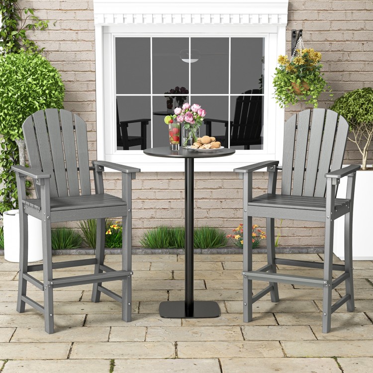 Counter height outdoor HDPE bar stools in gray with armrests and footrest, perfect for patio gatherings.