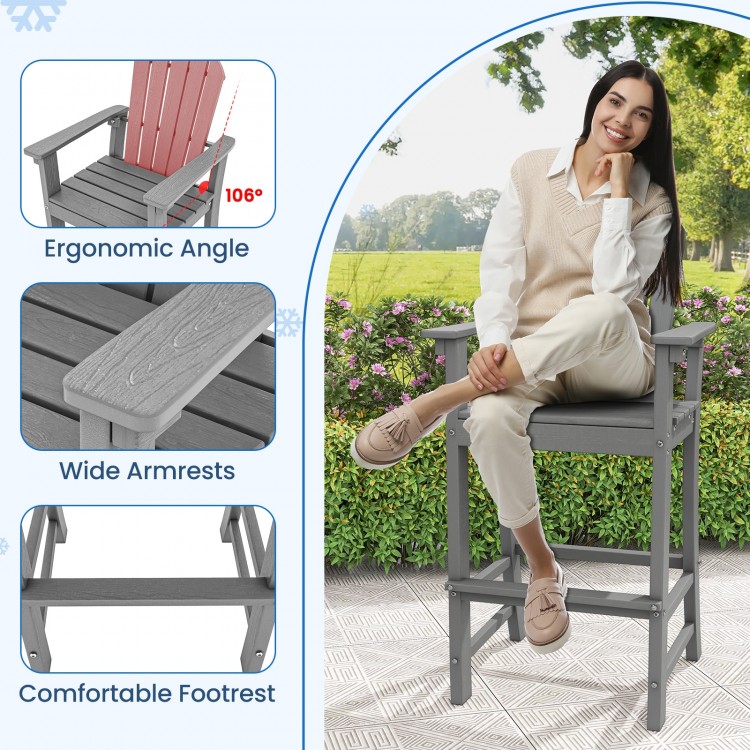 Counter height outdoor HDPE bar stool in gray with ergonomic angle, wide armrests, and comfortable footrest for.
