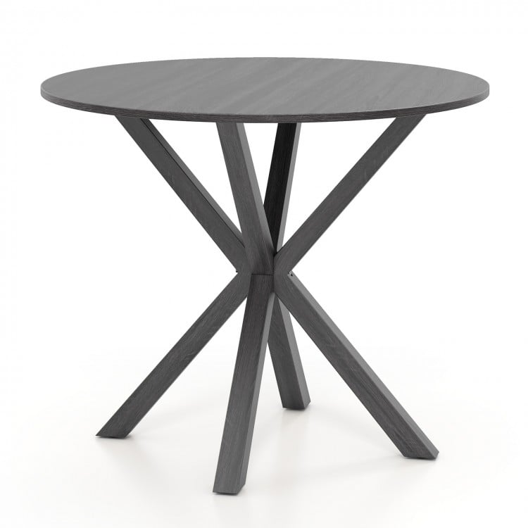Round 36-inch black dining table with intersecting pedestal base, seats 2-4, featuring a rustic wood grain finish.