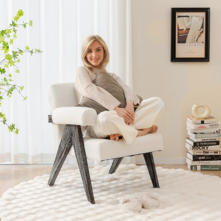 Upholstered armchair with natural rubber wood legs, featuring a spacious white seat and Sherpa fabric armrests for.