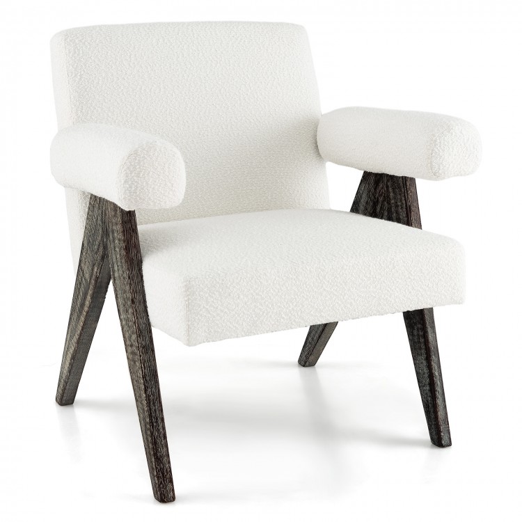 Upholstered armchair in white with natural rubber wood legs, featuring a spacious seat and supportive armrests for.
