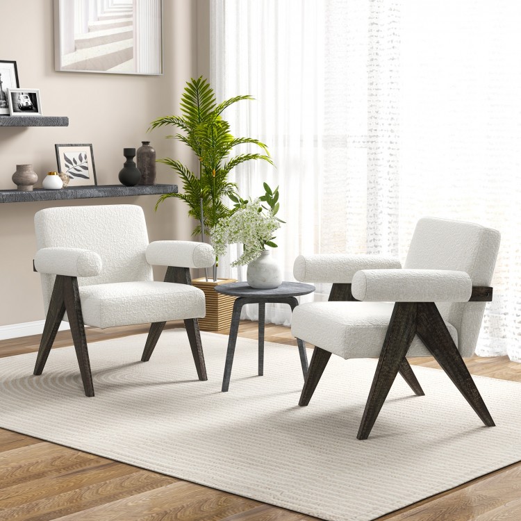 Upholstered armchairs with natural rubber wood legs in white, featuring spacious seats and supportive armrests for.