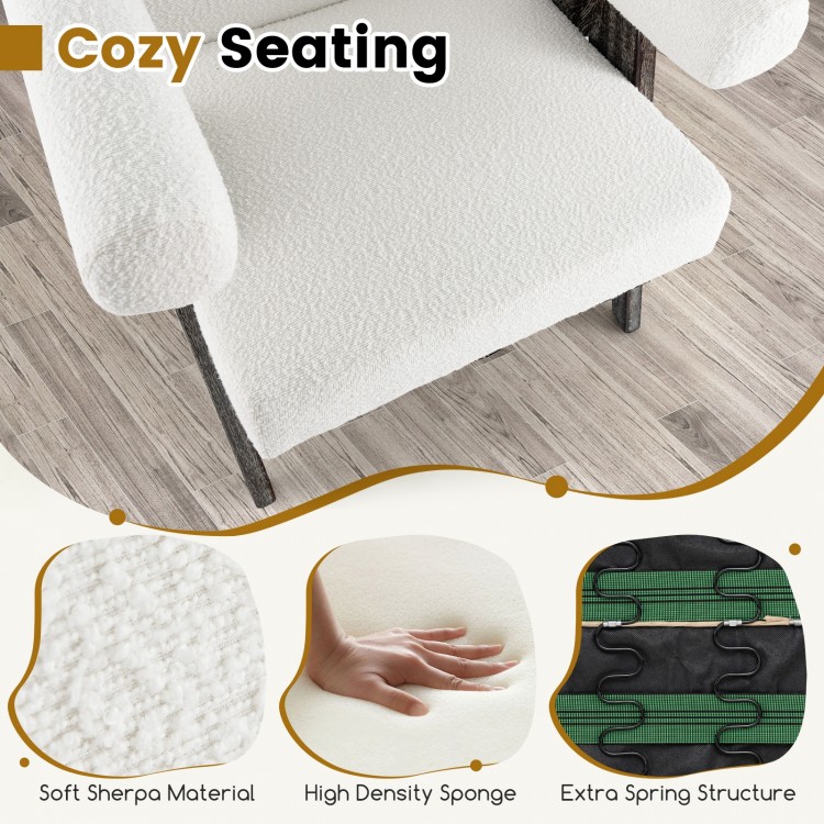 Cozy upholstered armchair with soft Sherpa fabric, high-density sponge seat, and natural rubber wood legs for versatile.
