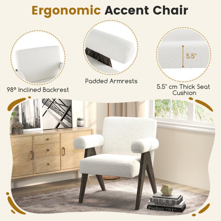 Upholstered accent chair with white Sherpa fabric, 5.5 cm thick seat cushion, and natural rubber wood legs for comfort.