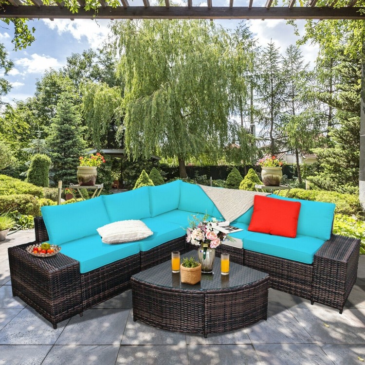 Cushioned 6-piece rattan sofa set in turquoise, featuring a durable PE rattan design for outdoor relaxation and.