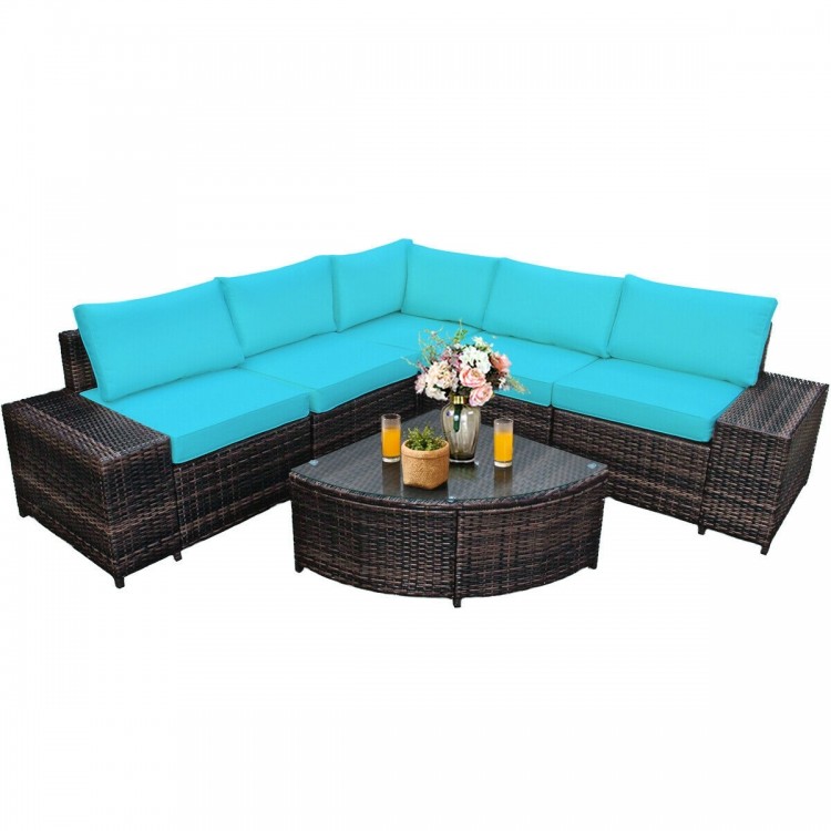 Cushioned 6-piece rattan sofa set in turquoise with tempered glass table, ideal for outdoor patio relaxation.