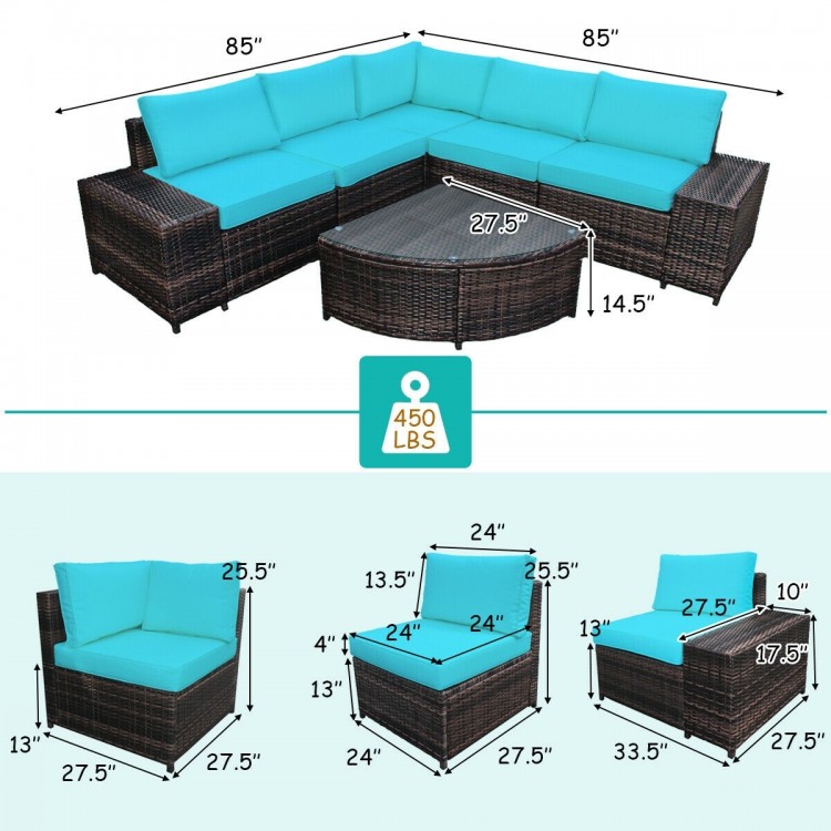 Cushioned 6-piece rattan sofa set in turquoise with durable PE rattan and glass tabletop, ideal for outdoor relaxation.