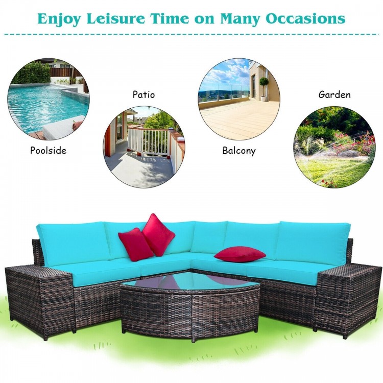Cushioned 6-piece turquoise rattan sofa set with glass table, perfect for outdoor patio or poolside relaxation.
