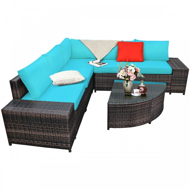 L-shaped 6-piece cushioned sofa set in turquoise with PE rattan, perfect for outdoor relaxation on patios or balconies.
