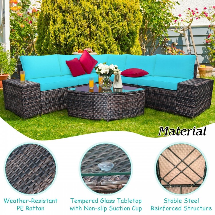 Cushioned 6-piece rattan sofa set in turquoise with tempered glass table, perfect for outdoor relaxation and gatherings.