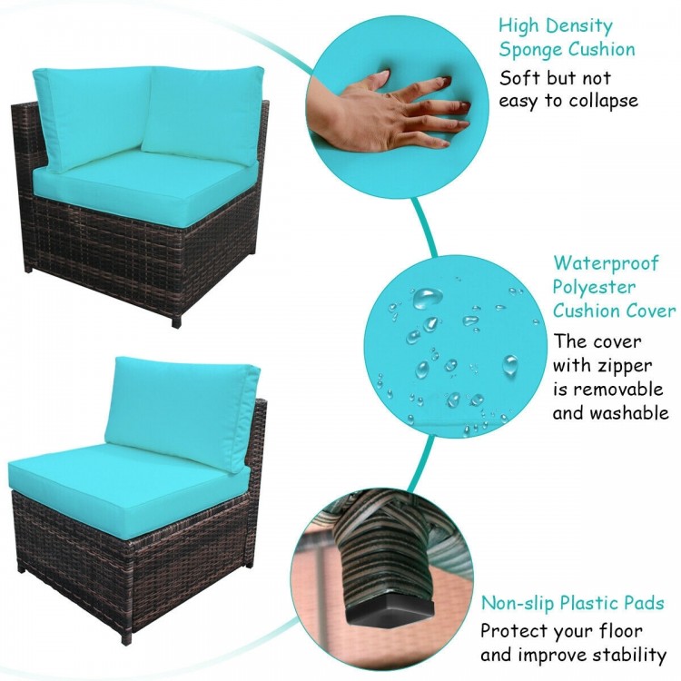 Cushioned corner chair from the 6-piece turquoise rattan sofa set, featuring a removable waterproof cushion for outdoor.