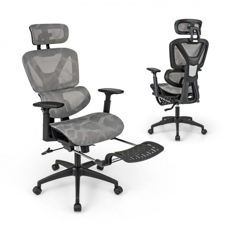 Mesh office chair in gray with tilting backrest, adjustable armrests, and retractable footrest for ergonomic comfort.