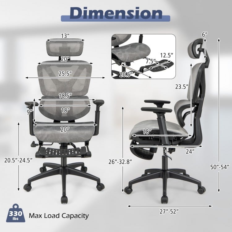 Mesh office chair dimensions with tilting backrest, retractable footrest, and 3D adjustable armrests for ergonomic.