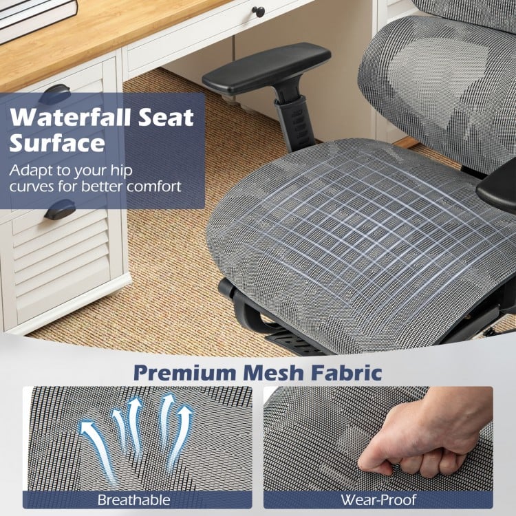 Mesh office chair with tilting backrest, waterfall seat surface, and retractable footrest for enhanced comfort and.