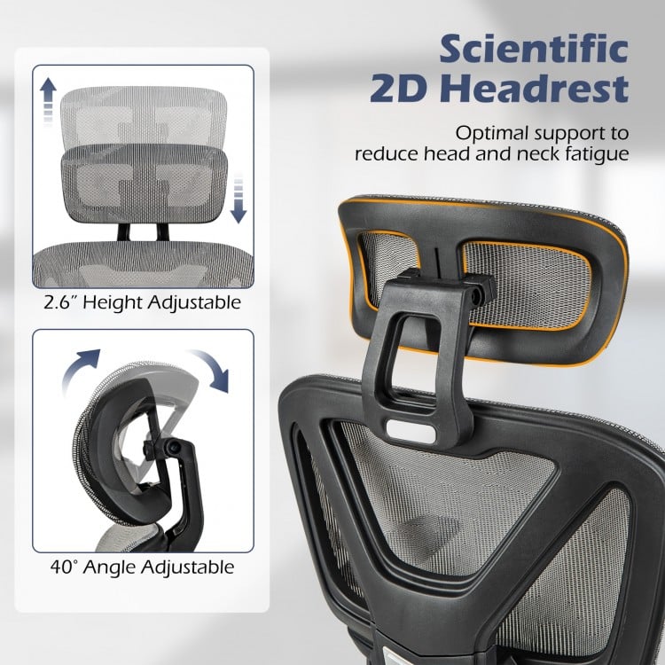 Close-up of the 2D headrest on a gray mesh office chair, featuring height and angle adjustments for optimal neck.