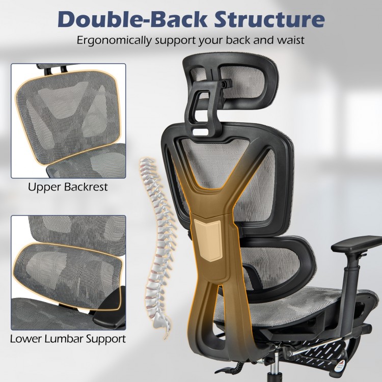 Mesh office chair showcasing double-back structure with lumbar support and tilting backrest for ergonomic comfort.