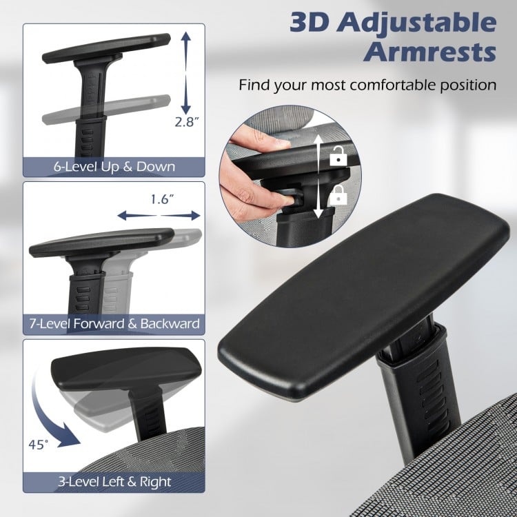 3D adjustable armrests of a gray mesh office chair, allowing height, forward, and sideways adjustments for comfort.