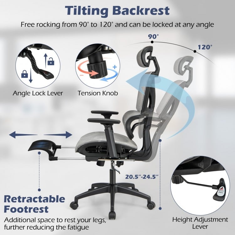 Mesh office chair with tilting backrest, adjustable footrest, and 3D armrests for ergonomic comfort and support.
