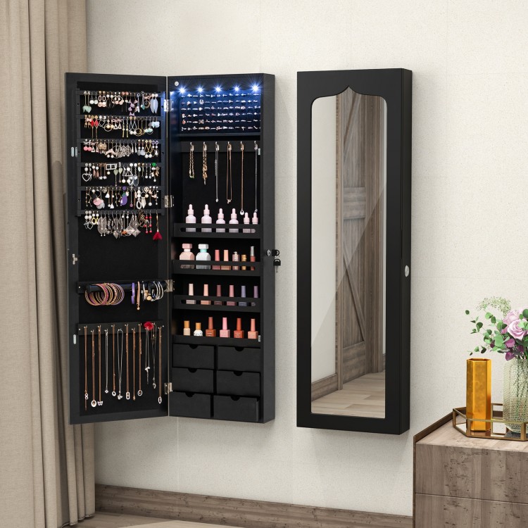 Lockable wall-mounted jewelry armoire in black with LED lights, full-length mirror, and six drawers for organized.