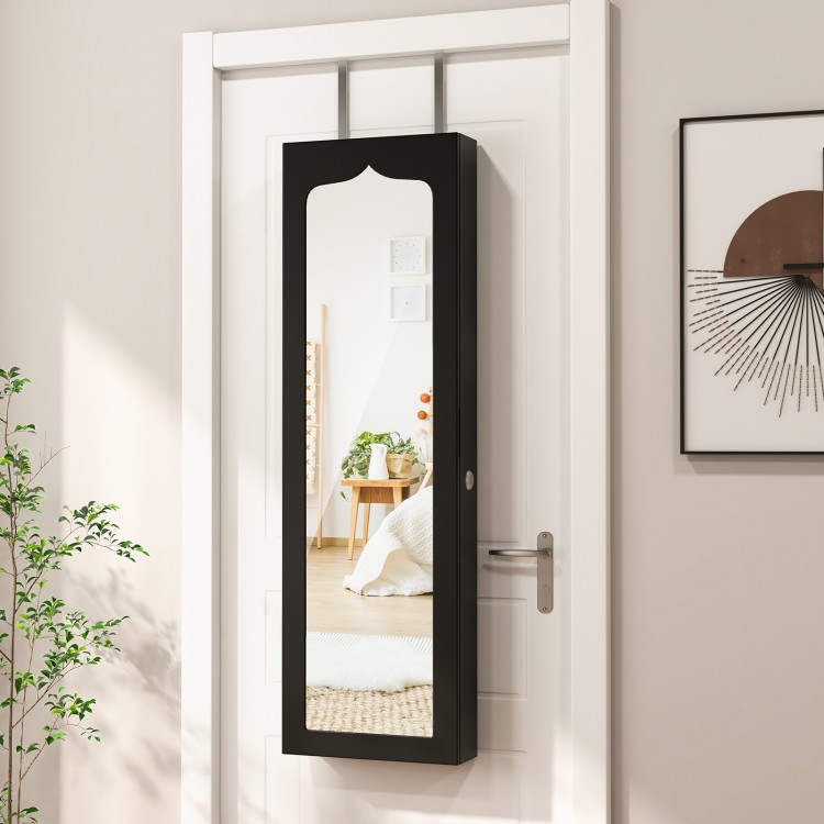 Lockable black wall-mounted jewelry armoire with full-length mirror, 5 LED lights, and 6 drawers for organized storage.