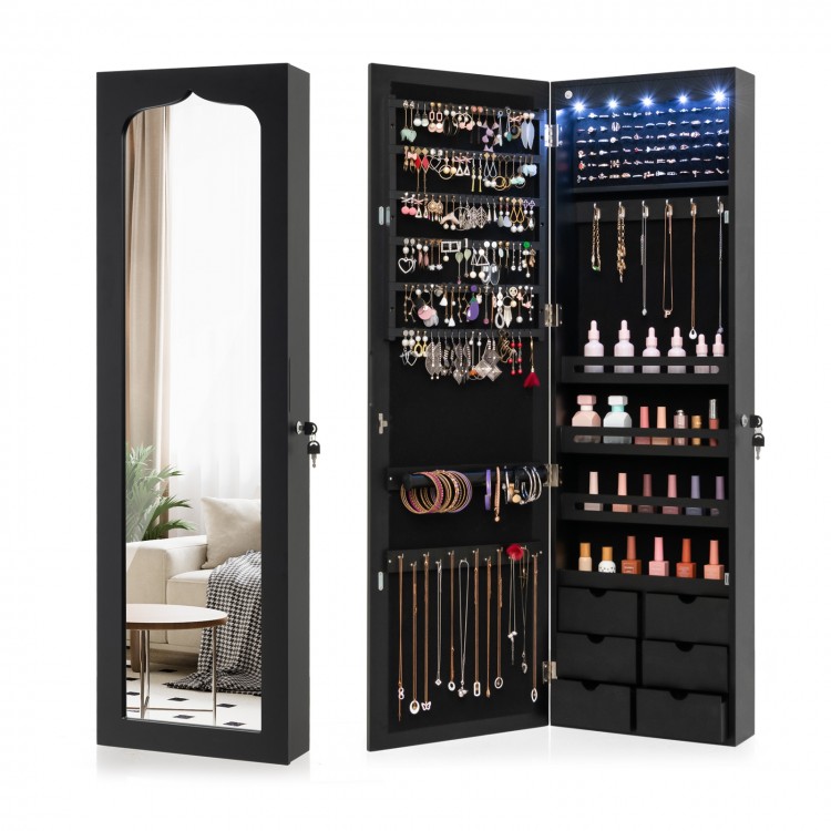 Lockable wall-mounted jewelry armoire in black with LED lights, full-length mirror, and 6 drawers for organized storage.