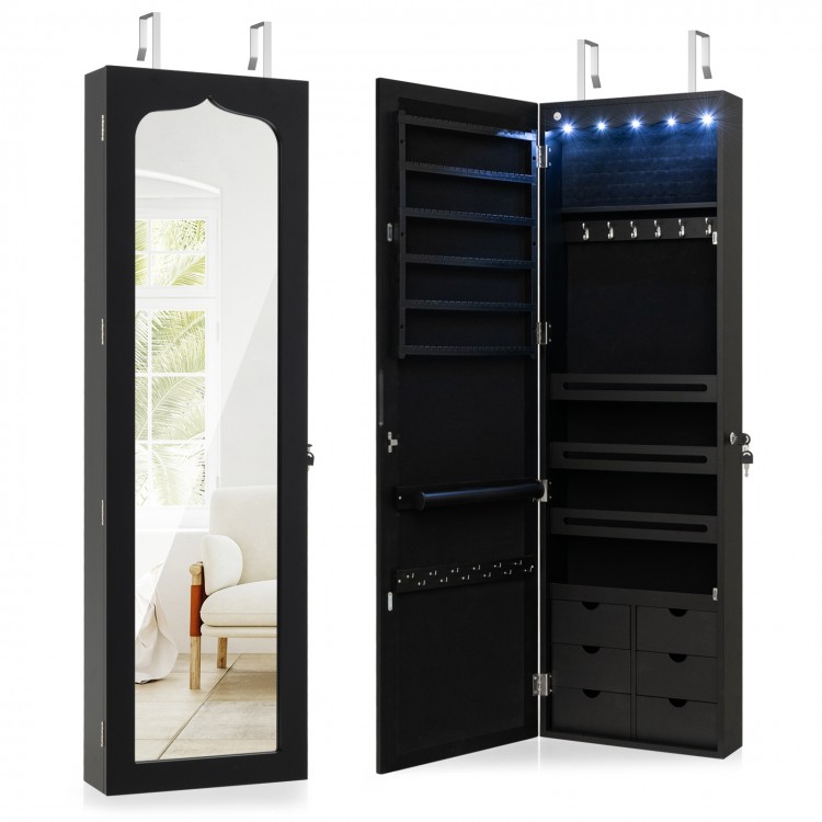 Lockable wall-mounted jewelry armoire in black with full-length mirror, LED lights, and six drawers for organized.