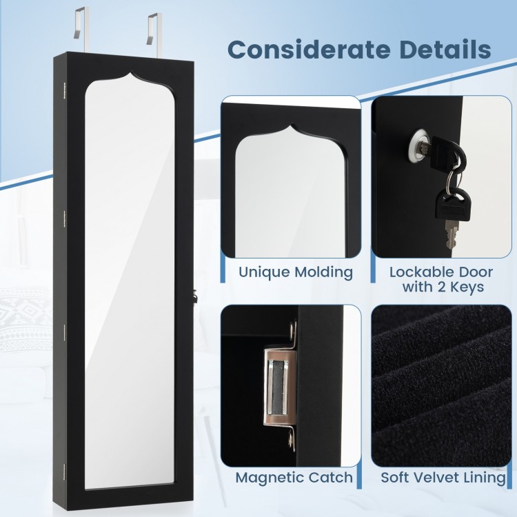 Black wall-mounted jewelry armoire detail showing the magnetic catch, lock, and soft velvet lining for secure storage.