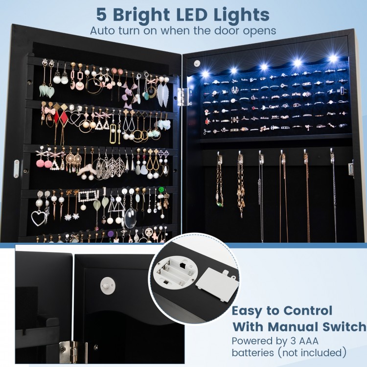 Lockable wall-mounted jewelry armoire in black with 5 LED lights and 6 drawers for organized storage and easy access.