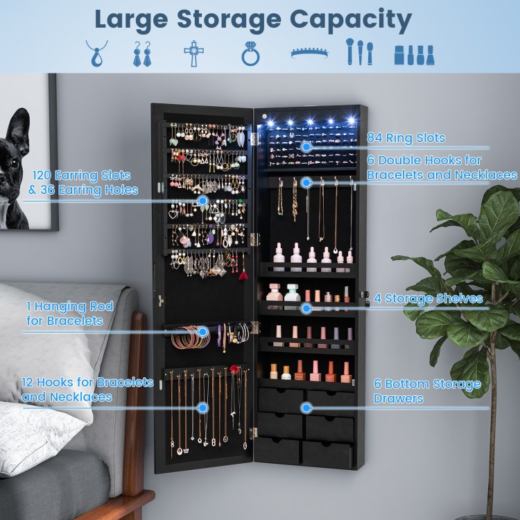 Lockable wall-mounted jewelry armoire in black with LED lights, featuring 120 earring slots and 6 storage drawers.