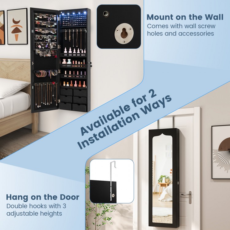 Lockable wall-mounted mirror jewelry armoire in black with 5 LEDs and 6 drawers for organized storage and easy access.