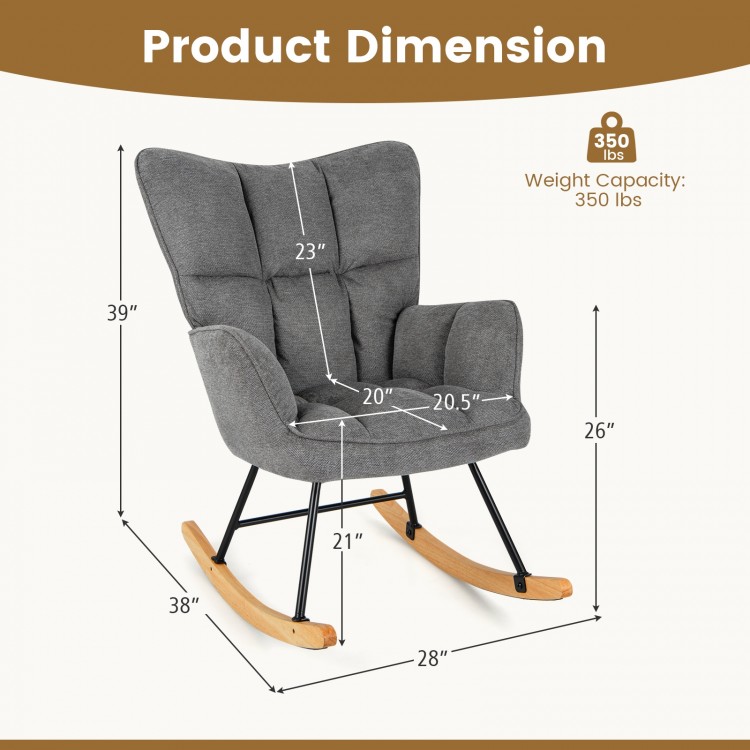 Gray linen nursery rocking chair with high backrest, padded armrests, and solid wood base, ideal for comfort and.
