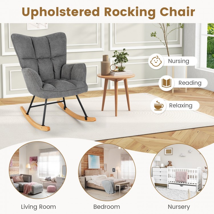 Upholstered gray rocking chair with high backrest and padded armrests, perfect for nursing and relaxing in any room.