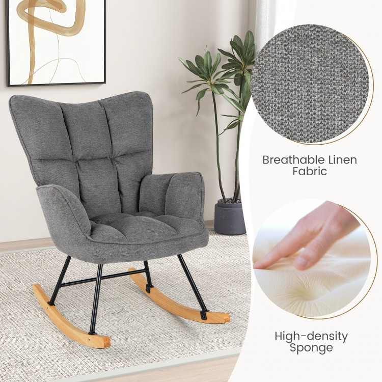 Gray linen nursery rocking chair with high backrest, padded armrests, and stable rubber wood base for ultimate comfort.