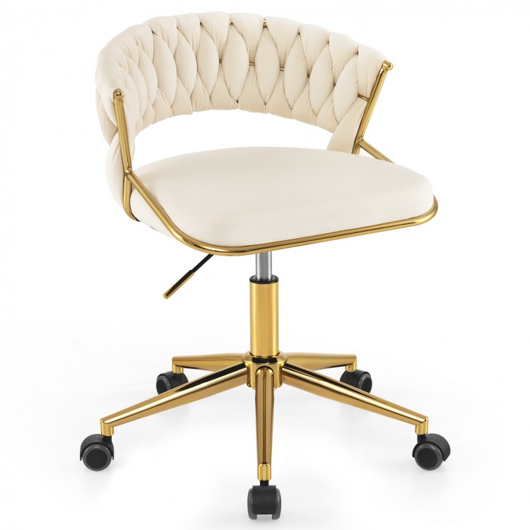Beige upholstered desk chair with hand-woven back, 360° swivel, and height adjustable for versatile office use.