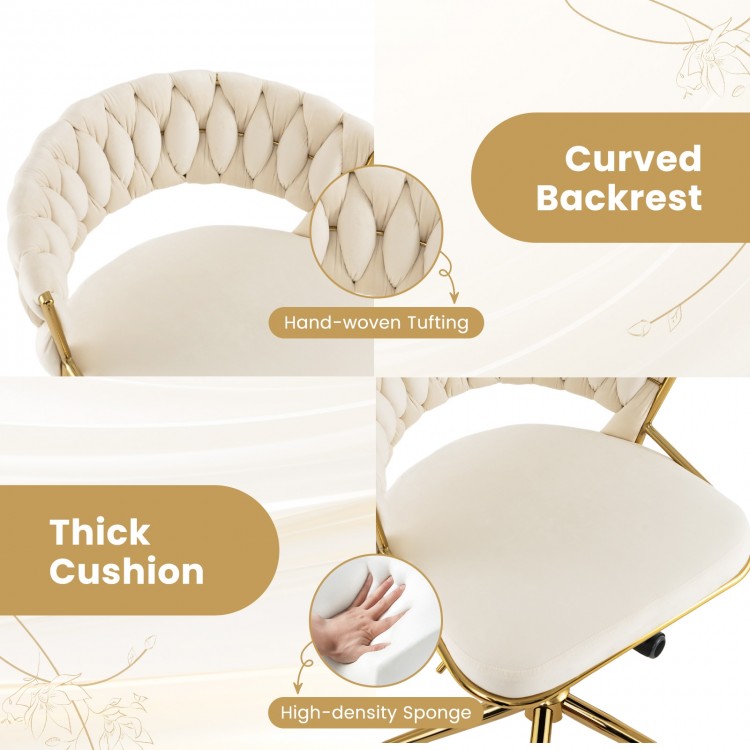 Curved backrest and thick cushion of the beige adjustable swivel desk chair with hand-woven tufting for comfort.