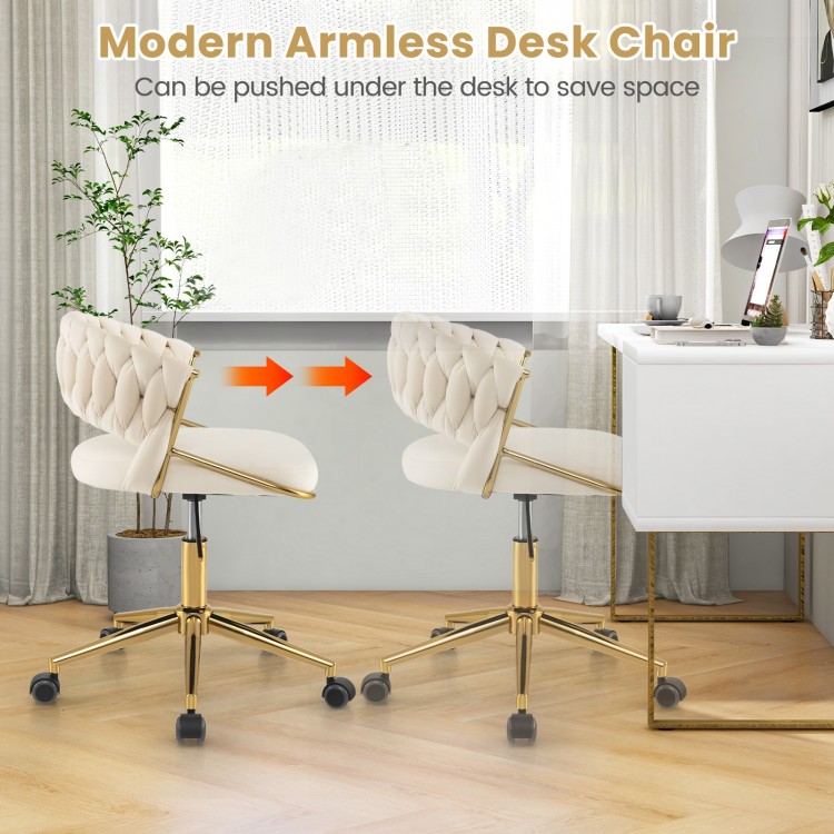 Beige armless desk chair with hand-woven back, 360° swivel, and adjustable height for space-saving comfort.