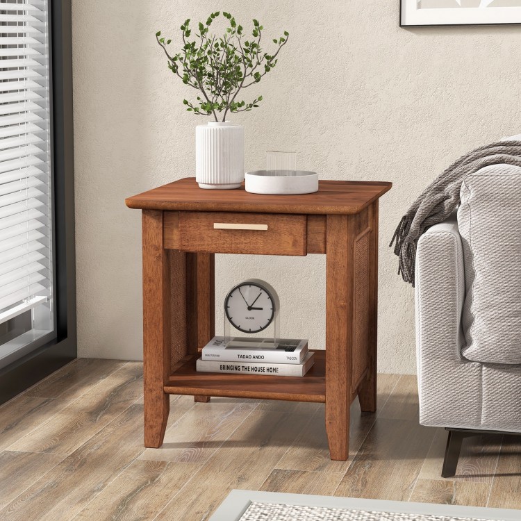Walnut rattan nightstand with drawer and storage shelf, perfect for lamps and personal items in any home setting.
