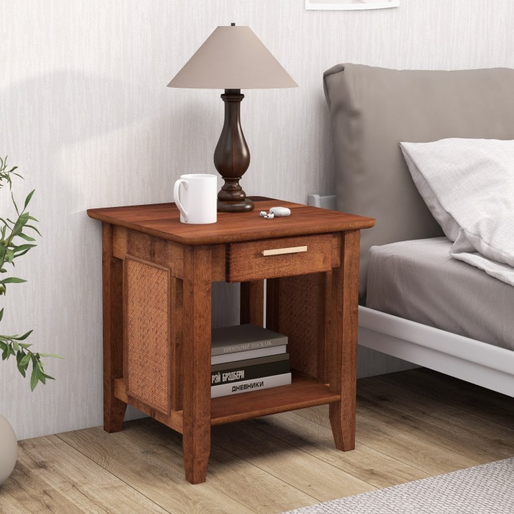 Rattan nightstand in walnut with drawer and storage shelf, perfect for bedside lamp and personal items.