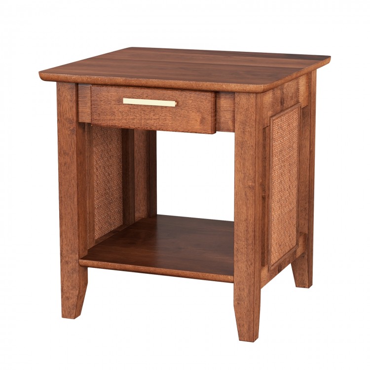Rattan nightstand end table in walnut with drawer and storage shelf, perfect for bedside essentials and decor.