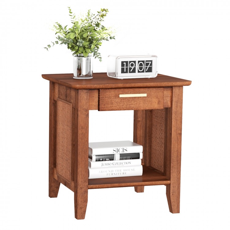 Rattan nightstand in walnut with drawer and storage shelf, ideal for bedside essentials and stylish decor.