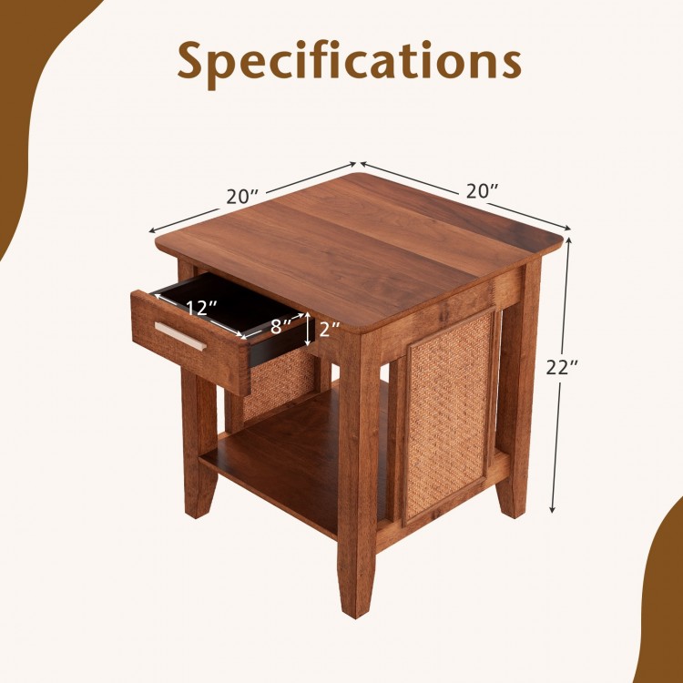 Walnut rattan nightstand specifications showcasing dimensions of 20" x 20" x 22" with a convenient drawer and shelf.