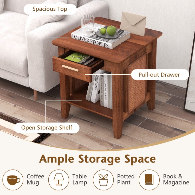 Rattan nightstand in walnut with pull-out drawer and open storage shelf, ideal for bedside organization and decor.