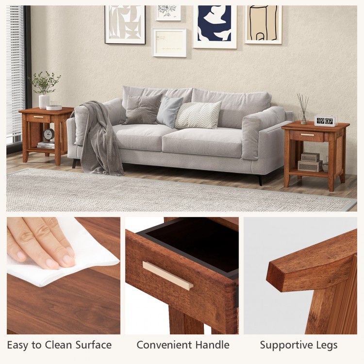 Rattan nightstand end table in walnut with drawer and storage shelf, ideal for practical home organization.