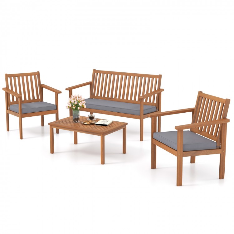 4-piece acacia wood patio furniture set with gray cushions, ideal for backyard or poolside relaxation.