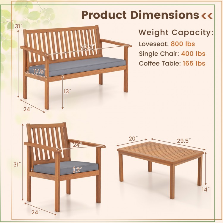 Product dimensions for the 4 Piece Patio Wood Furniture Set, featuring acacia wood loveseat and coffee table.